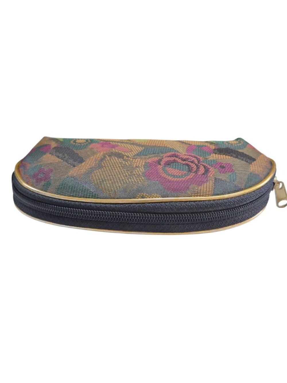 Vintage Floral Tapestry Zippered Pouch – Gold Trim Travel Cosmetic Bag - Picture 3 of 4
